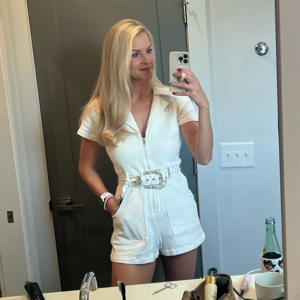 Show Me Your Mumu Outlaw Romper White Rhinestone Fringe Denim Medium